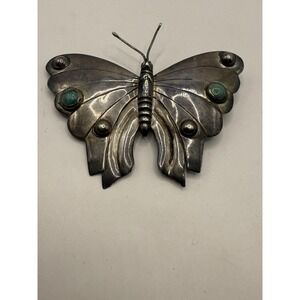 Vintage Signed Mexico Sterling Silver Turquoise Butterfly Brooch Pin